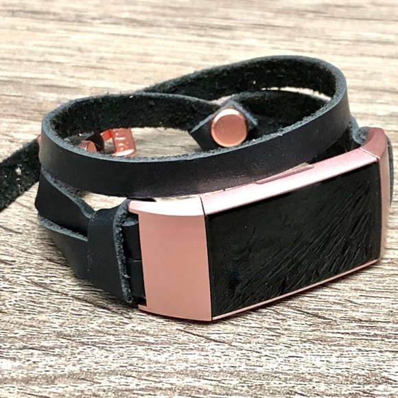 Black Double Wrap Rose Gold Charge 4 Leather Strap - Picture 2 of 8